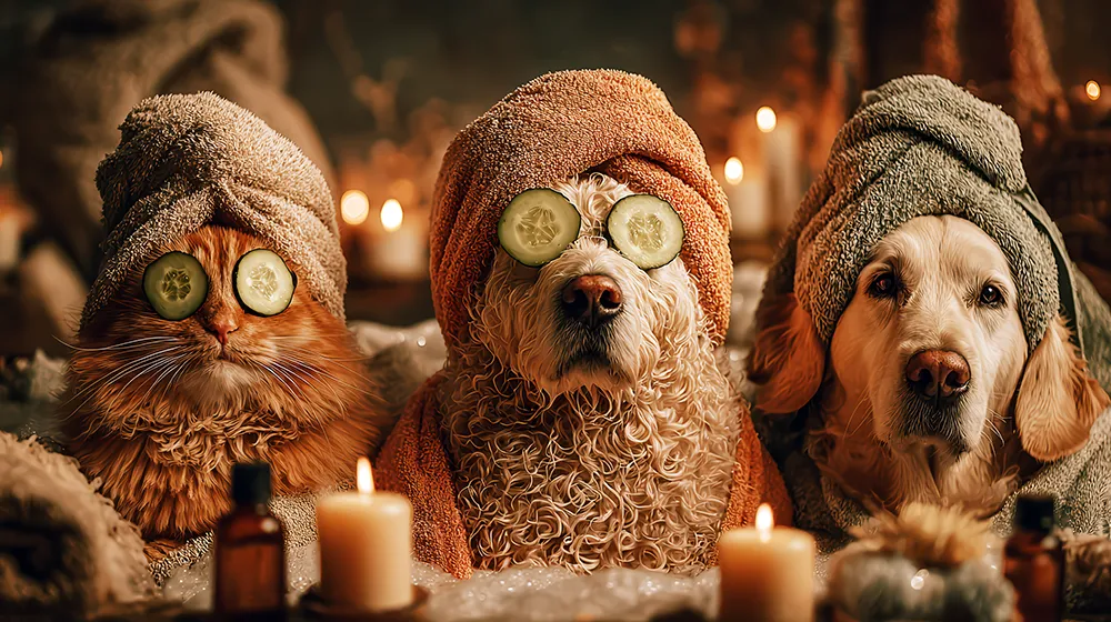 Eine Katze und zwei Hunde im Badezimmer mit Gurkenmasken – kreative Wandgestaltung für moderne Farbkunst