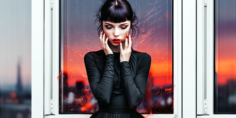 Virtuelles Model Lilith im schwarzen Kleid vor Fenster mit Sonnenuntergang – KI-Porträt mit Tiefe.