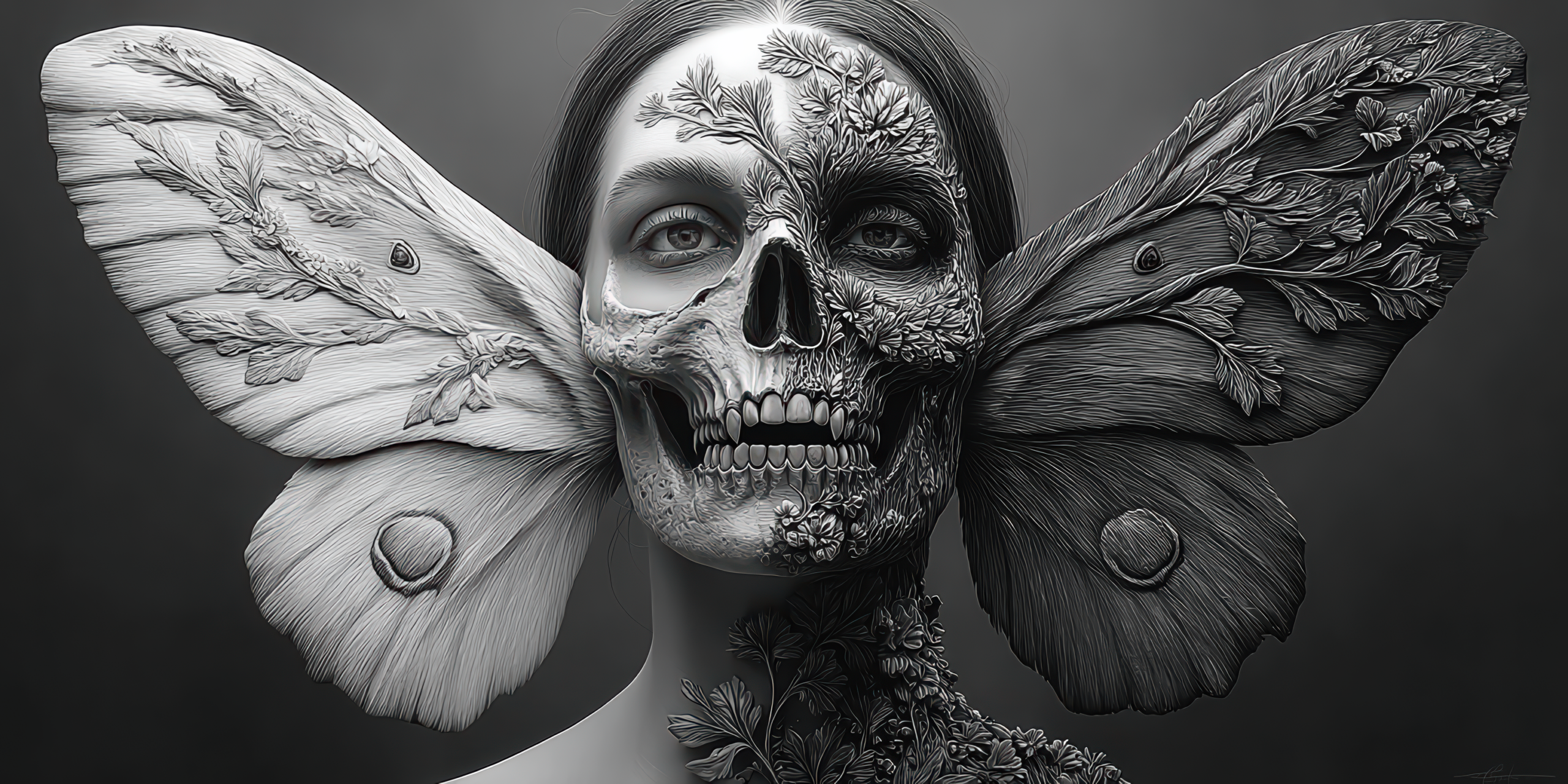 Frau mit Totenschädel und floralen Mottenflügeln – mystische Dark Art mit Zwischenwelt-Symbolik