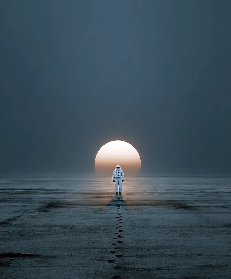 Astronaut in weiter Leere bei Sonnenuntergang – KI-Porträt über Einsamkeit und innere Suche