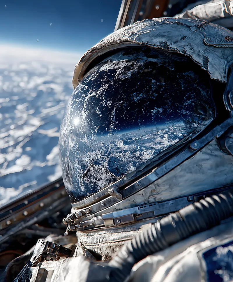 Verschlissener Astronautenanzug mit frostigem Visier – KI-generiertes Porträt voller Geschichte