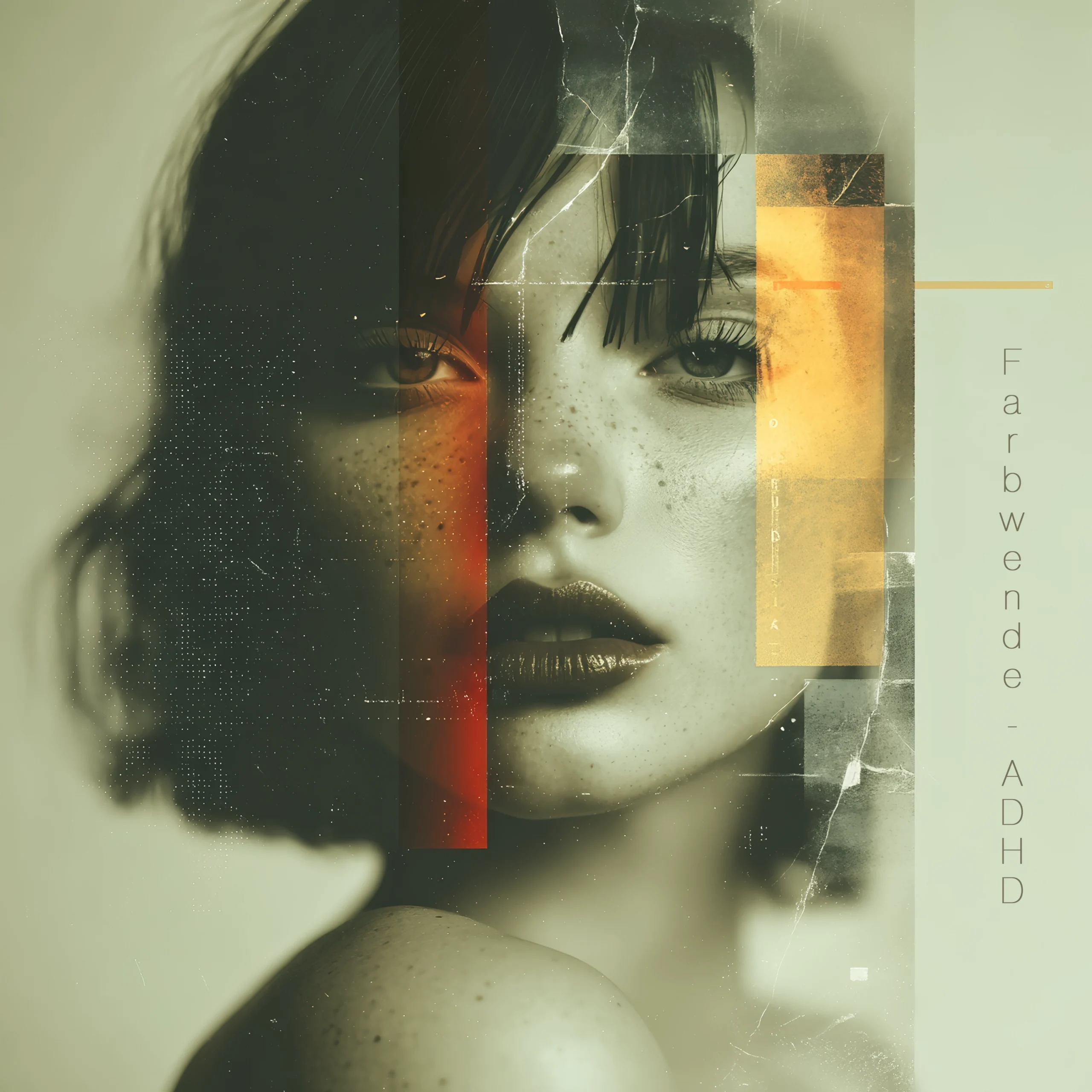 Ein surreales, collageartiges Porträt einer Frau. Ihr Gesicht ist durch überlappende, zerrissene Ebenen und farbliche Verschiebungen fragmentiert. Der vertikale Schriftzug "Farbwende - ADHD" ist am rechten Rand platziert.
