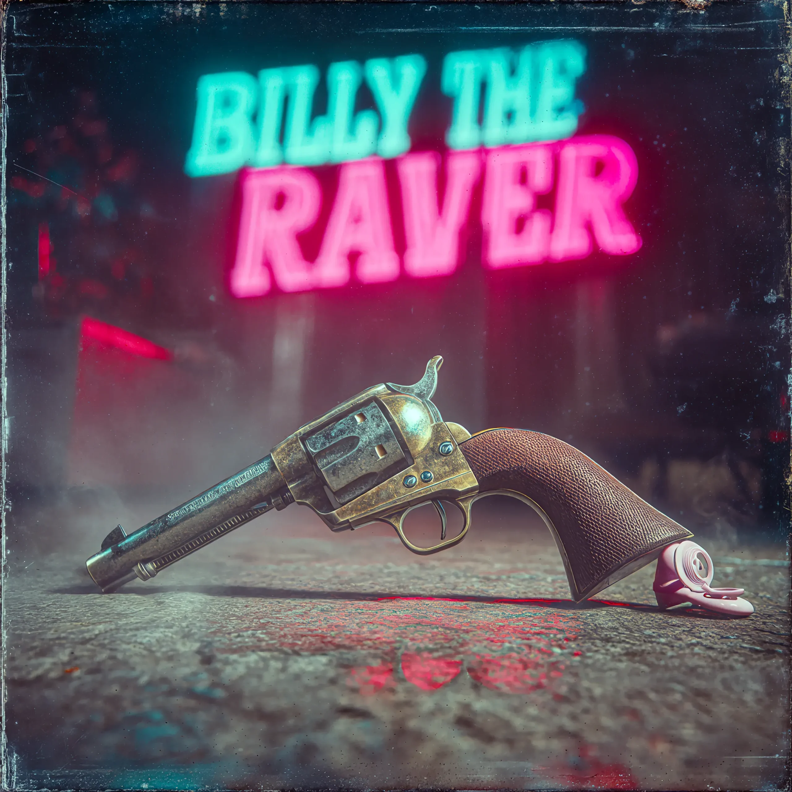 Ein alter Western-Revolver liegt auf einer Straße vor einer unscharfen Bar mit Neonreklame. Aus dem Griff des Revolvers wächst ein Schnuller.