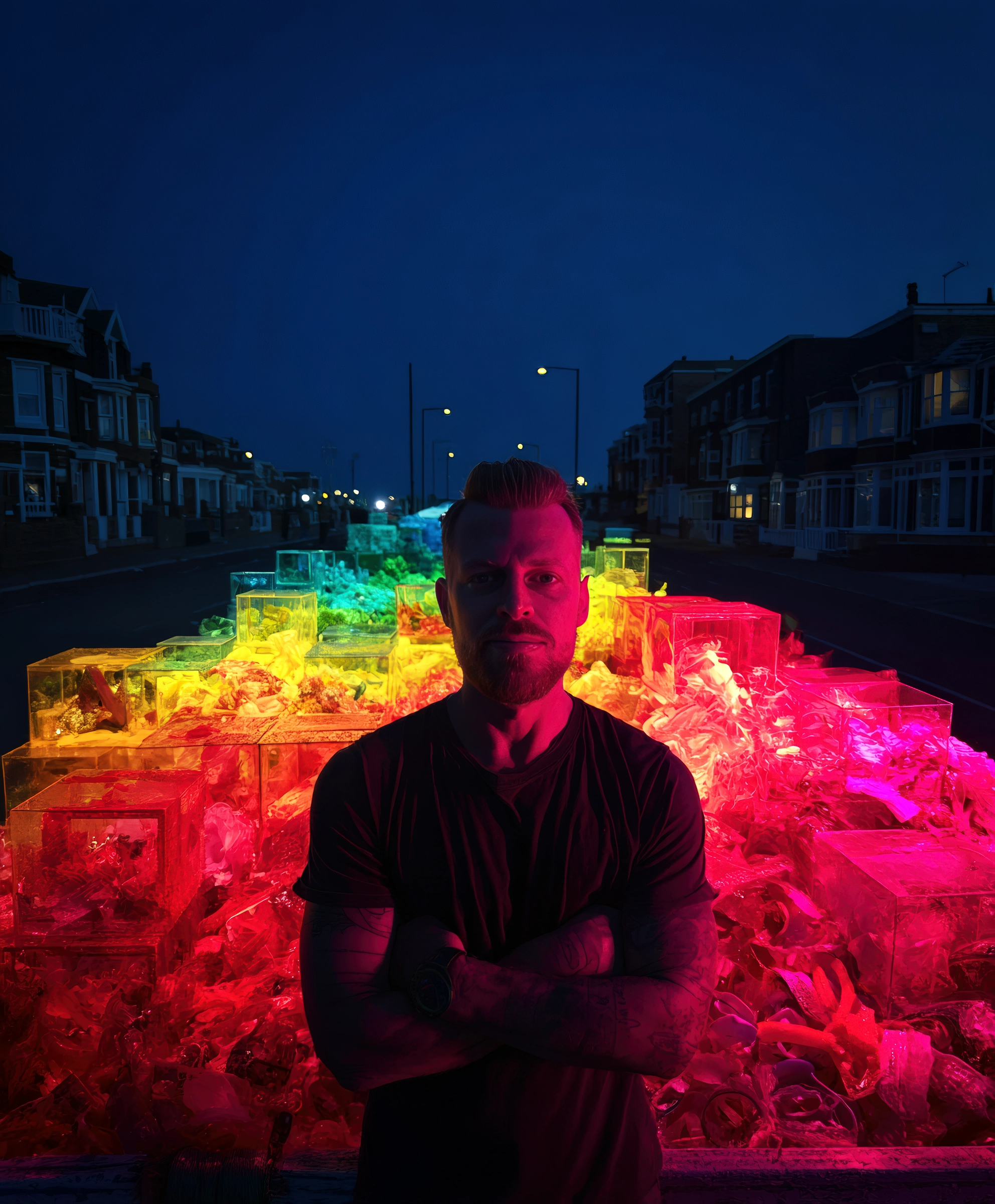 Der Künstler Farbwende mit verschränkten Armen, steht nachts vor einer urbanen Kunstinstallation. Der Boden und die Wände leuchten in den Regenbogenfarben Rot, Gelb, Grün und Blau und spiegeln sich auf der nassen Straße.