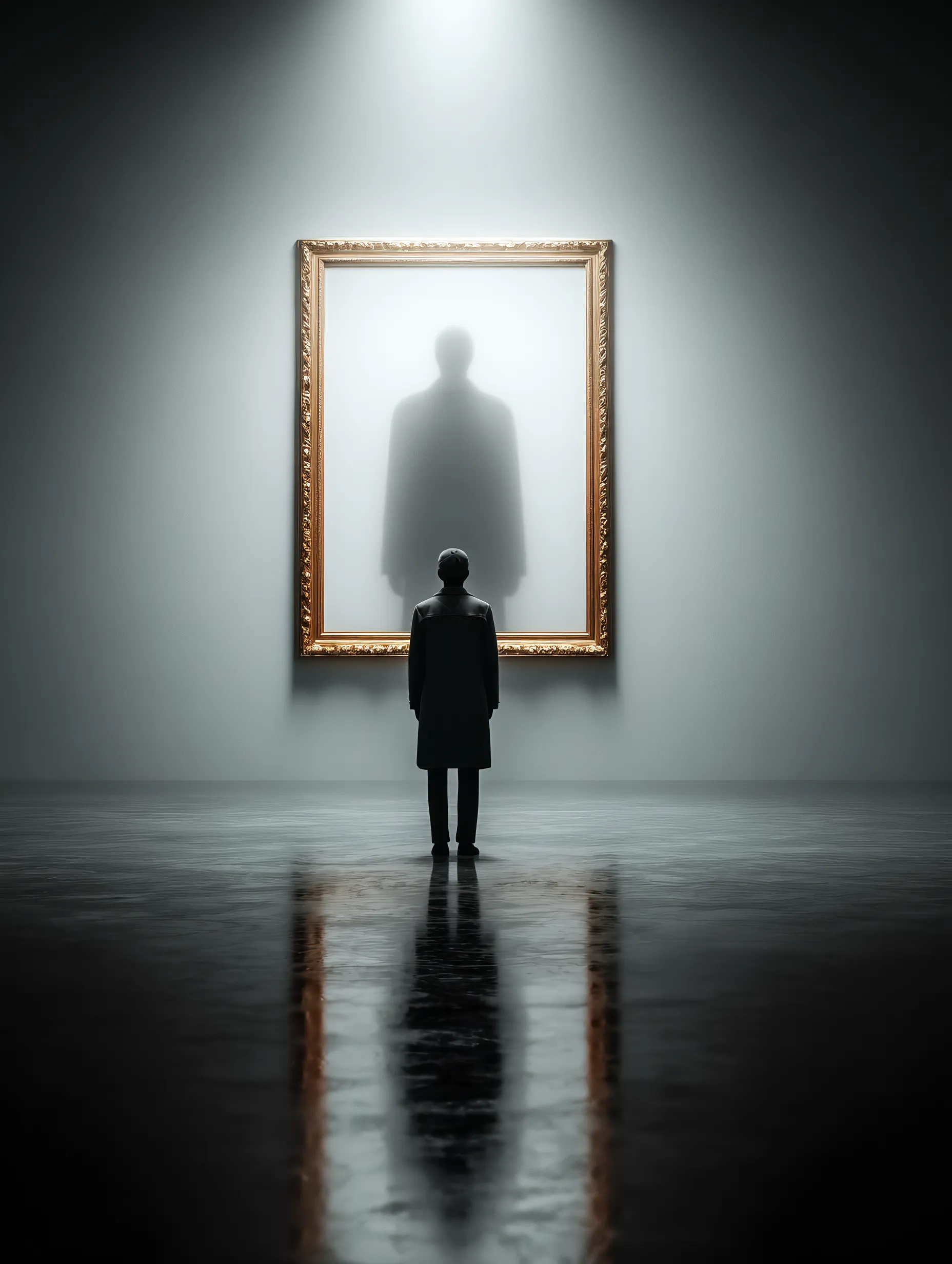 Schwarze Silhouette in weißem Raum vor einem leeren, pompösen Rahmen – Symbol für Wahrnehmung und Projektion.