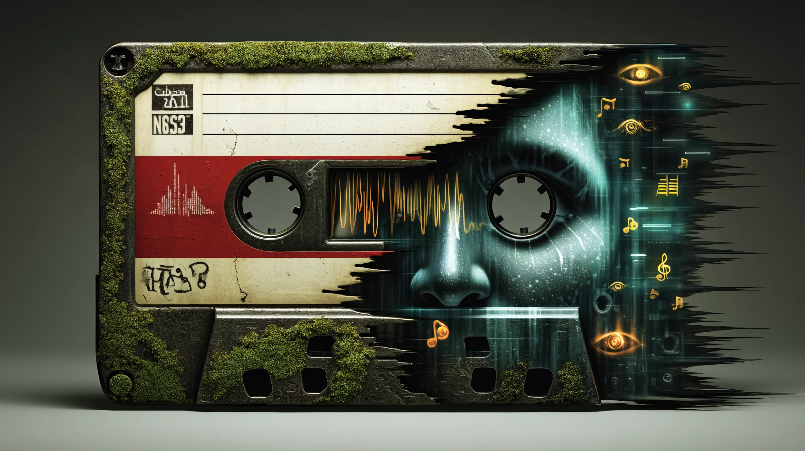 Analoge Kassette verwandelt sich in ein KI-Gesicht mit digitalen Symbolen – Symbol für die Transformation von klassischer Musik zu KI-generiertem Sound.