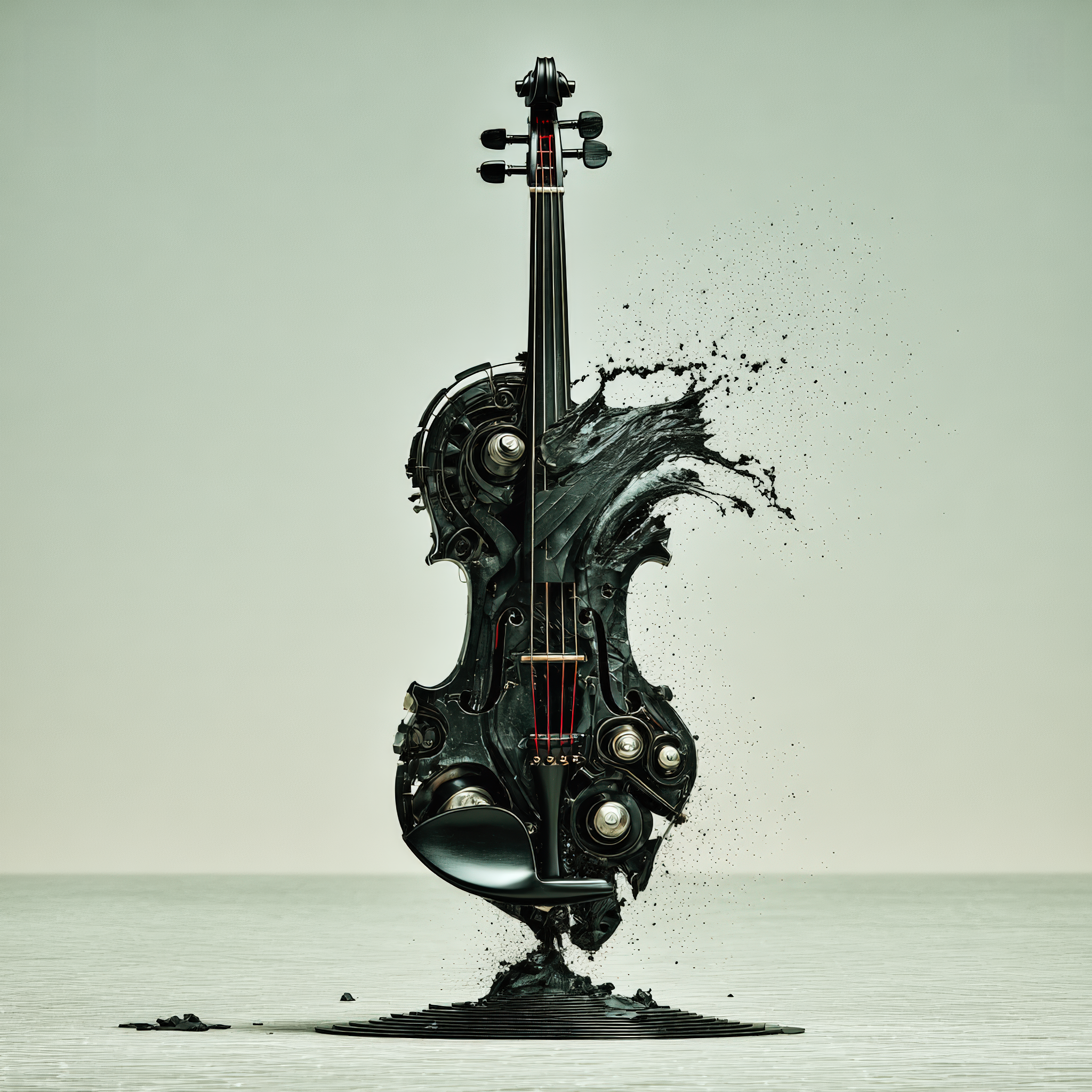 Eine surreale, schwarze Violine, die aus mechanischen Teilen und Zahnrädern besteht und von einer dunklen, spritzenden Flüssigkeit umgeben ist. Sie steht auf einem minimalistischen, hellen Untergrund.