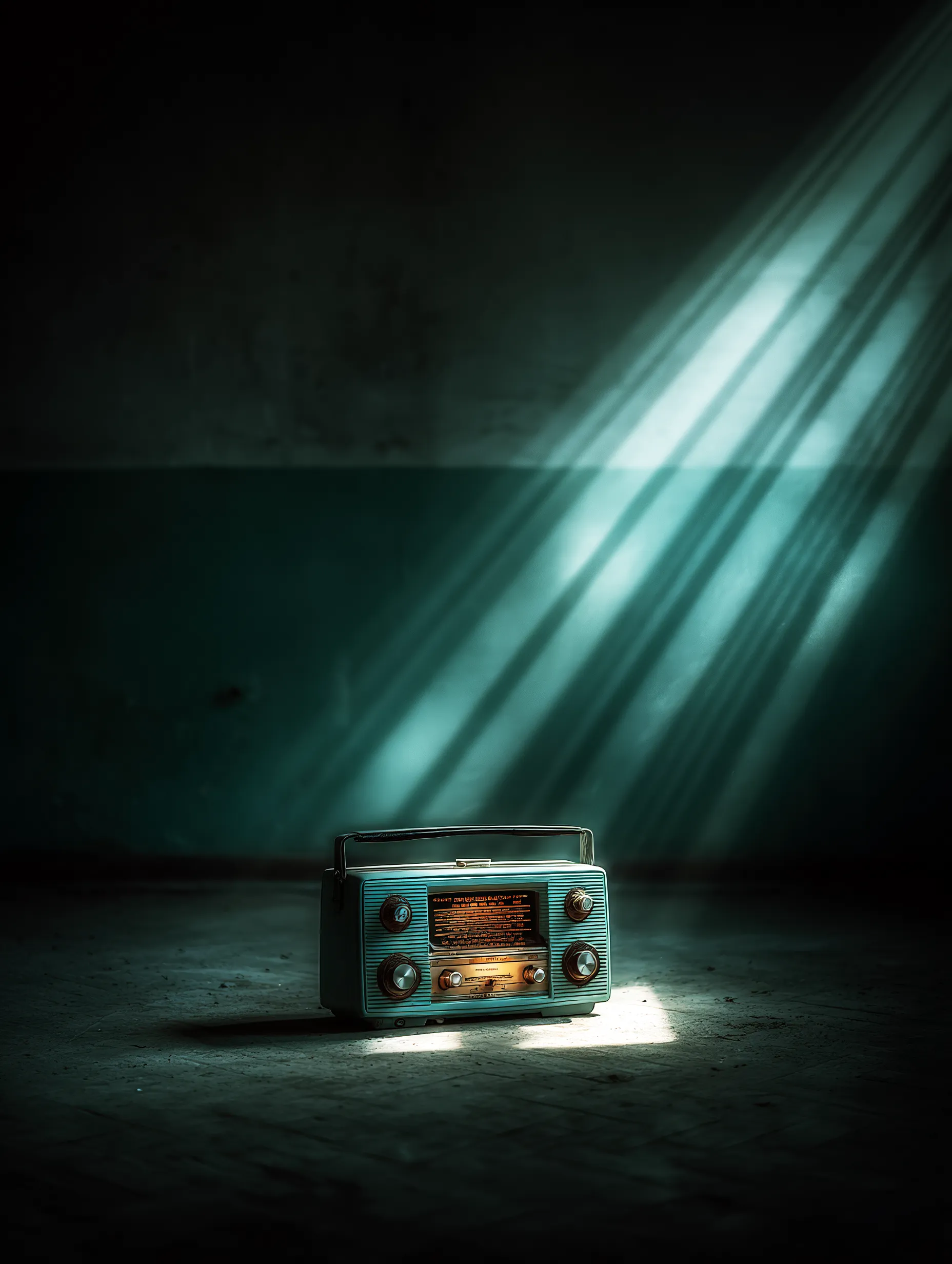 Altes Radio im Lichtstrahl auf leerem Boden – Symbol für Ursprung und Resonanz von Musik.