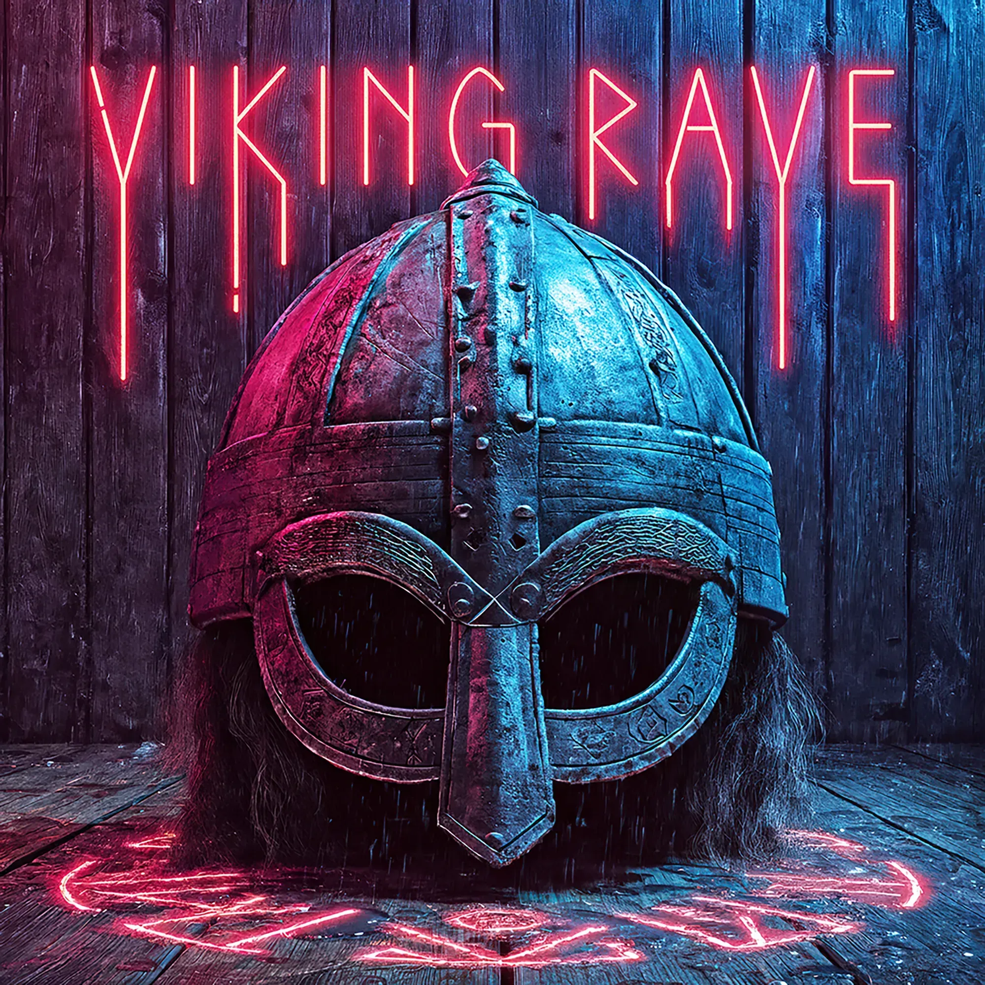 Ein alter Wikingerhelm liegt auf einem nassen Holzboden. Darüber leuchtet der Schriftzug "Viking Rave" in roter Neonschrift. Unter dem Helm glüht ein rotes, magisches Symbol.