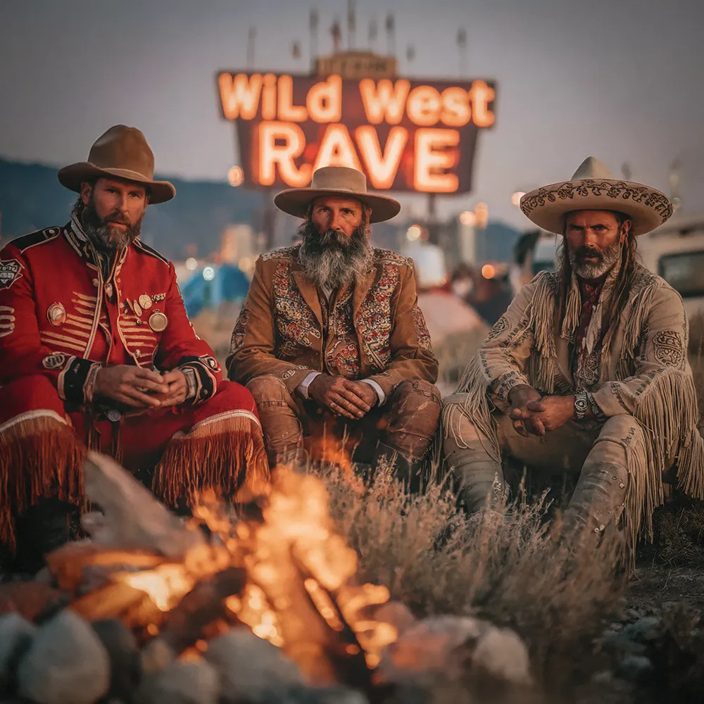 Offizielles Album-Cover von Time Raves: Wild West Rave. Drei Männer in stilisierter Western-Kleidung (Mountie, Cowboy, Vaquero) sitzen nachts um ein Lagerfeuer. Im Hintergrund leuchtet ein "WILD WEST RAVE" Neonschild.