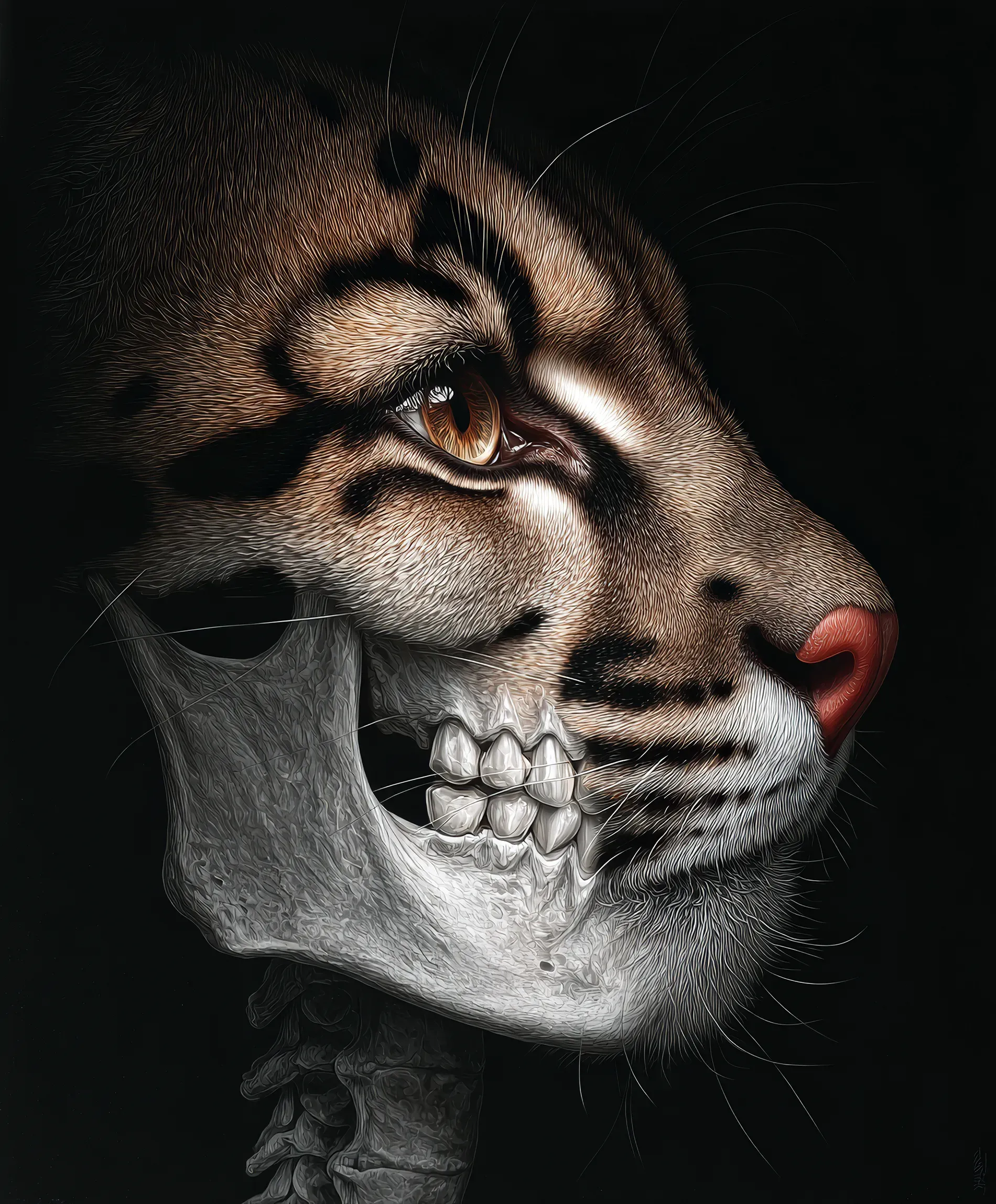 Ein hochdetailliertes Porträt eines Nebelparders im Profil. Die untere Hälfte seines Gesichts ist ein freigelegter Schädel, der die Zähne und den Kieferknochen vor einem schwarzen Hintergrund zeigt.