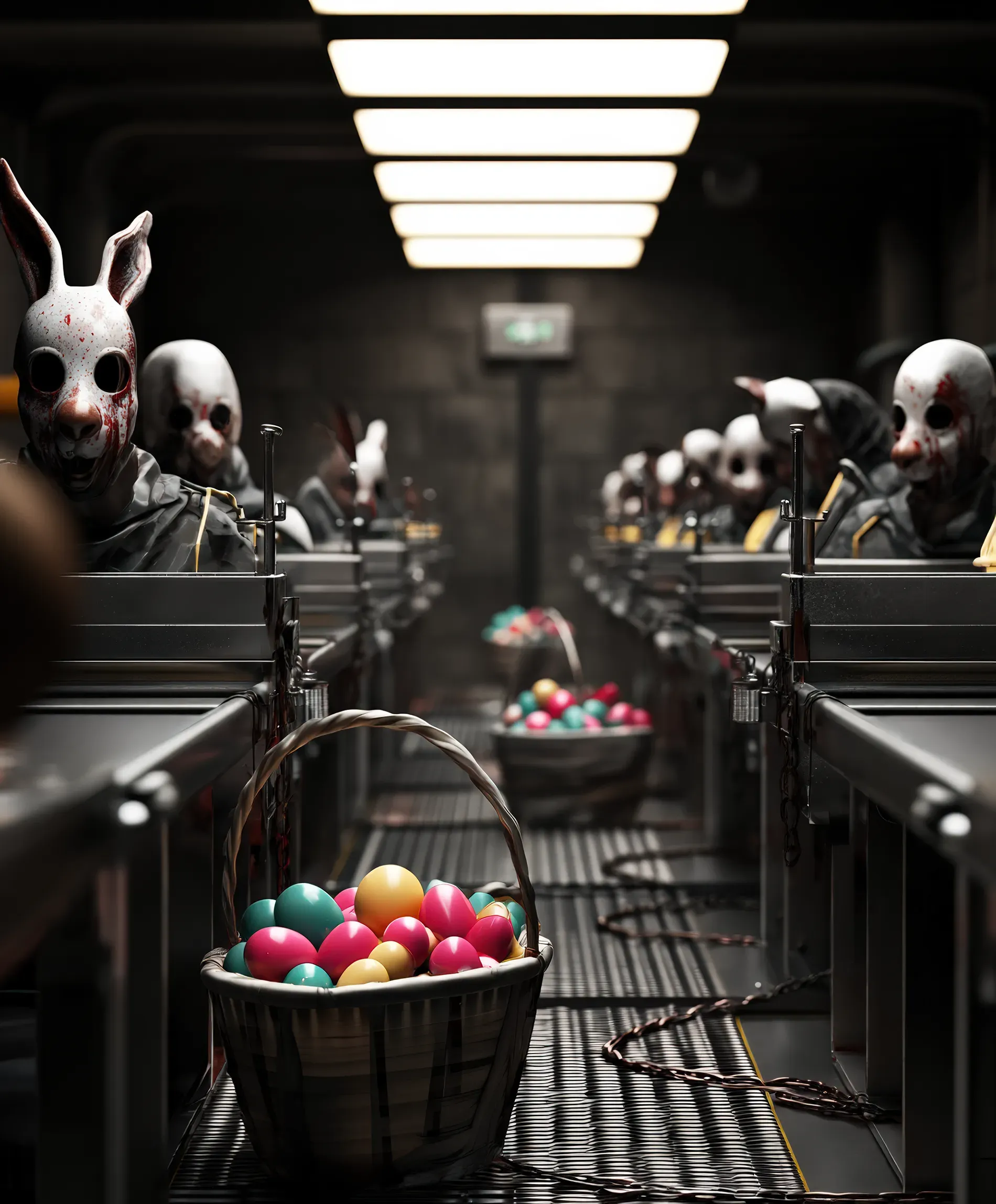 Eine düstere Fabrikhalle, in der Reihen von blutverschmierten Hasenwesen mit Masken an Förderbändern sitzen und Ostereier sortieren. Im Vordergrund steht ein Korb voller bunter Eier. Die Szene wirkt bedrohlich und industriell.