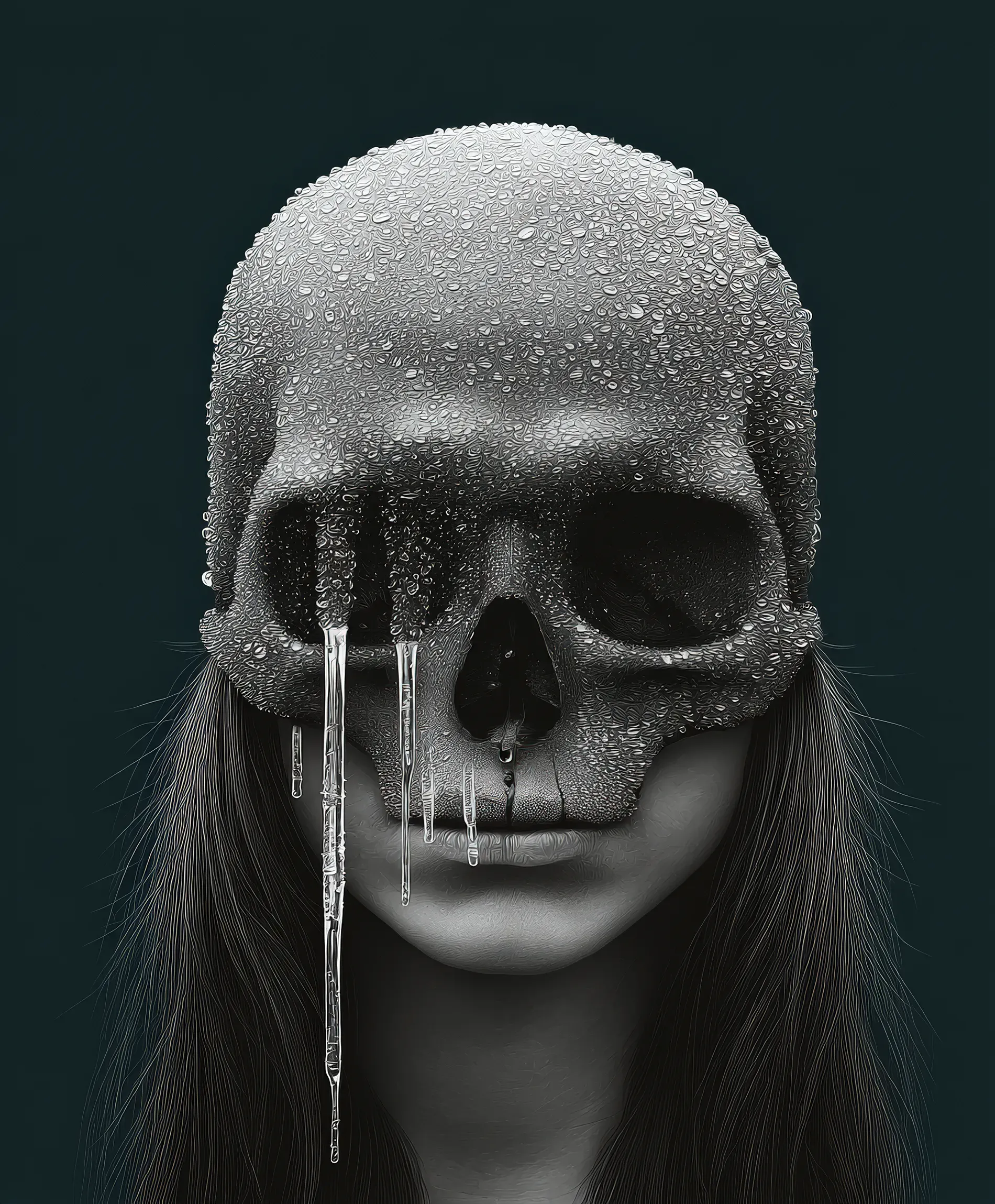 Das Porträt einer Frau, deren Gesicht von einer nassen Totenkopf-Maske verdeckt wird. Aus den Augenhöhlen laufen dicke Eiszapfen wie gefrorene Tränen über die Maske und das Kinn.