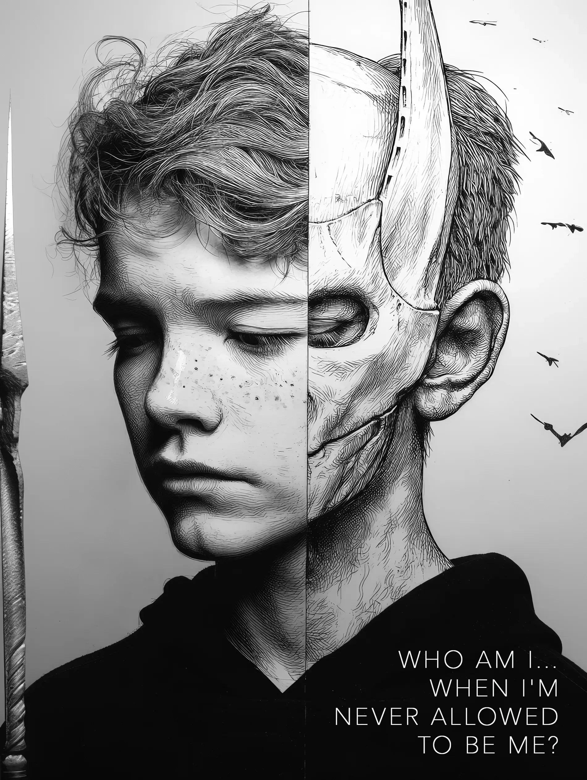 Ein surreales Schwarz-Weiß-Porträt, das vertikal geteilt ist. Die linke Hälfte zeigt das melancholische Gesicht eines Jungen, die rechte Hälfte eine skelettierte, dämonische Version desselben Gesichts.