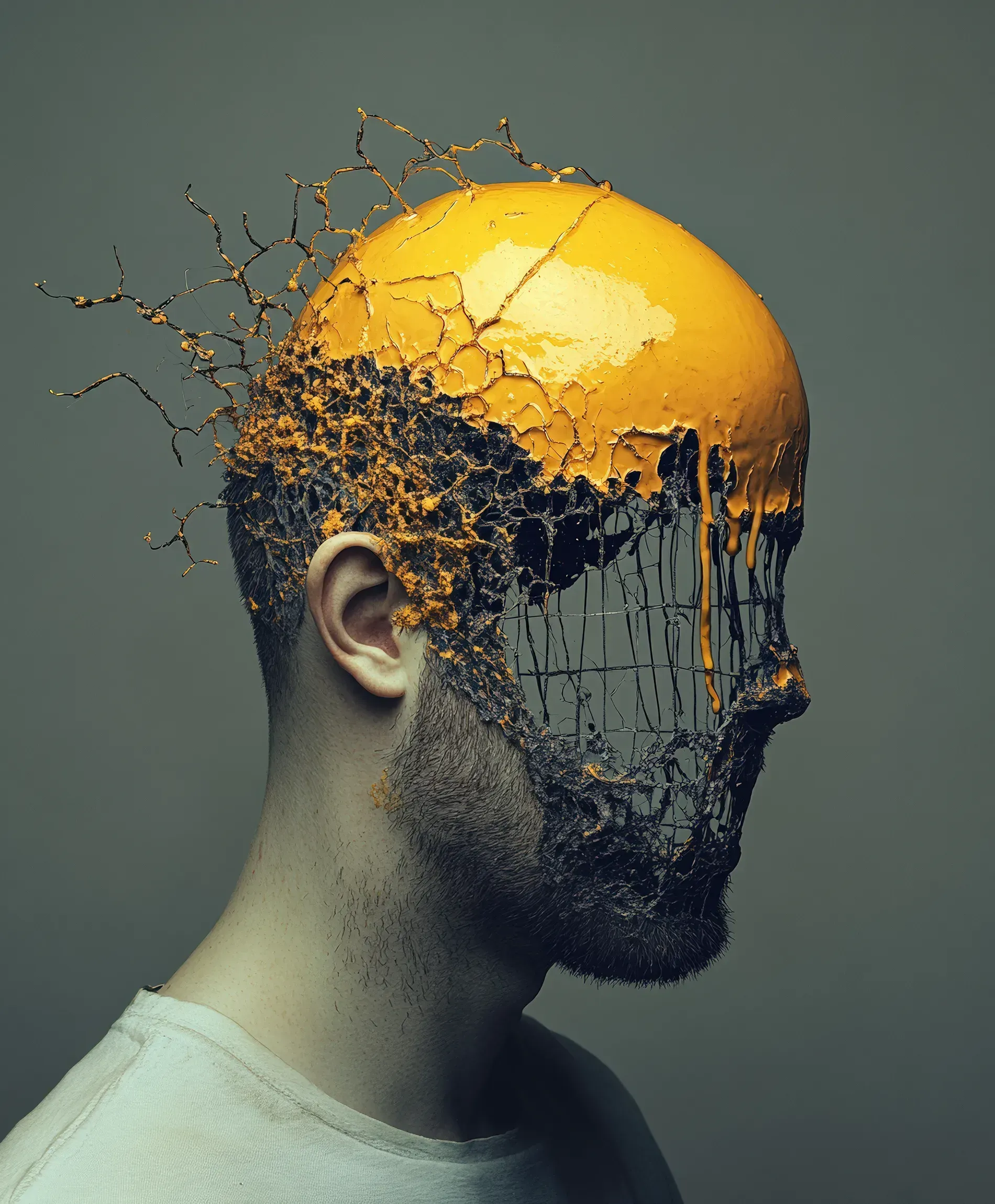 Ein surreales Porträt eines Mannes im Profil. Sein Gesicht besteht aus einem dunklen Drahtgitter, über das sich eine glänzend gelbe Flüssigkeit wie eine neue Schale legt. Teile des Gitters zerbersten an der Seite.