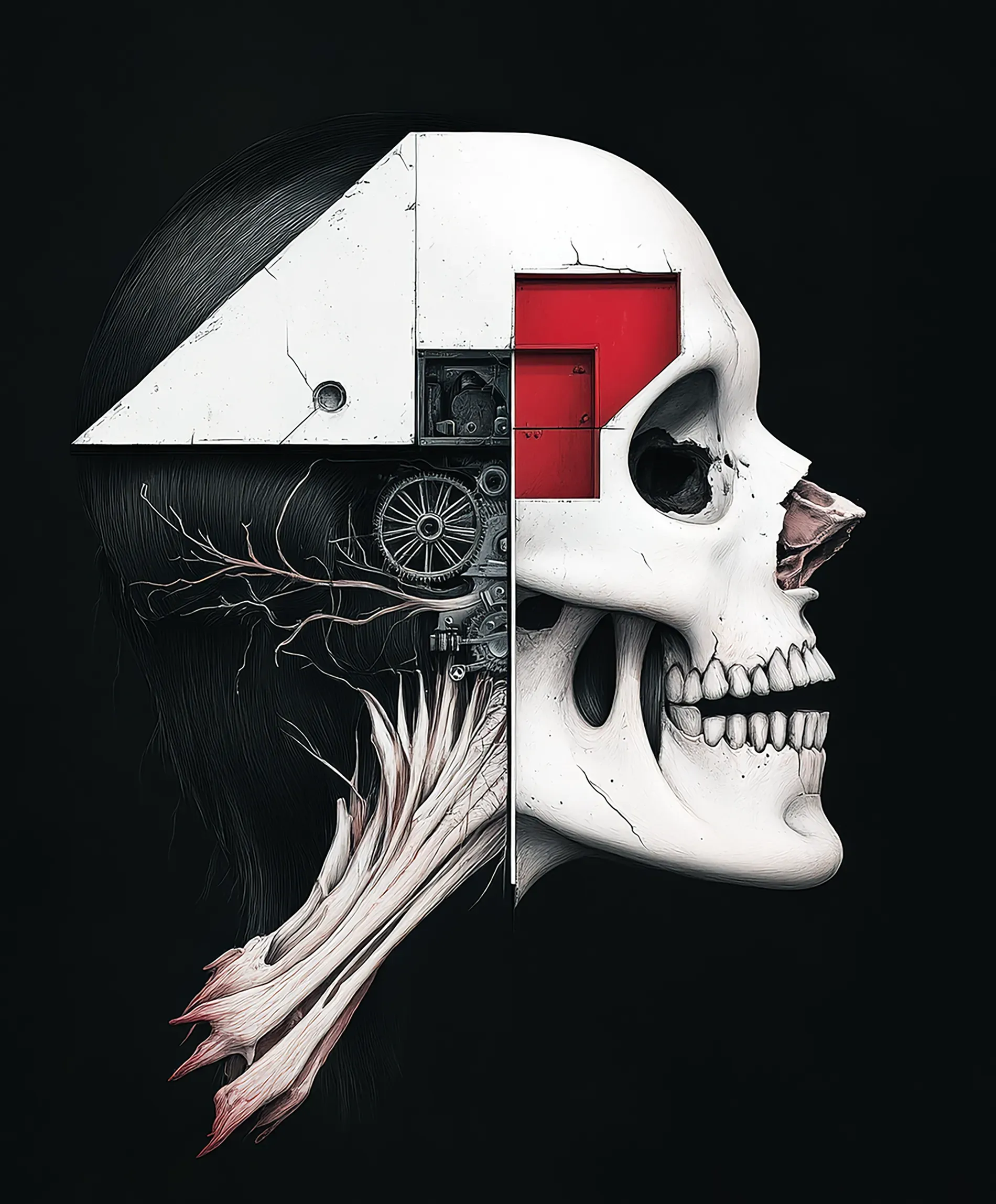 Ein surreales Porträt im Profil, das eine Fusion aus Mensch, Maschine und Skelett zeigt. Die vordere Gesichtshälfte ist ein weißer Schädel mit roten geometrischen Formen, während der Hinterkopf mechanische Zahnräder und organische Wurzeln enthüllt.