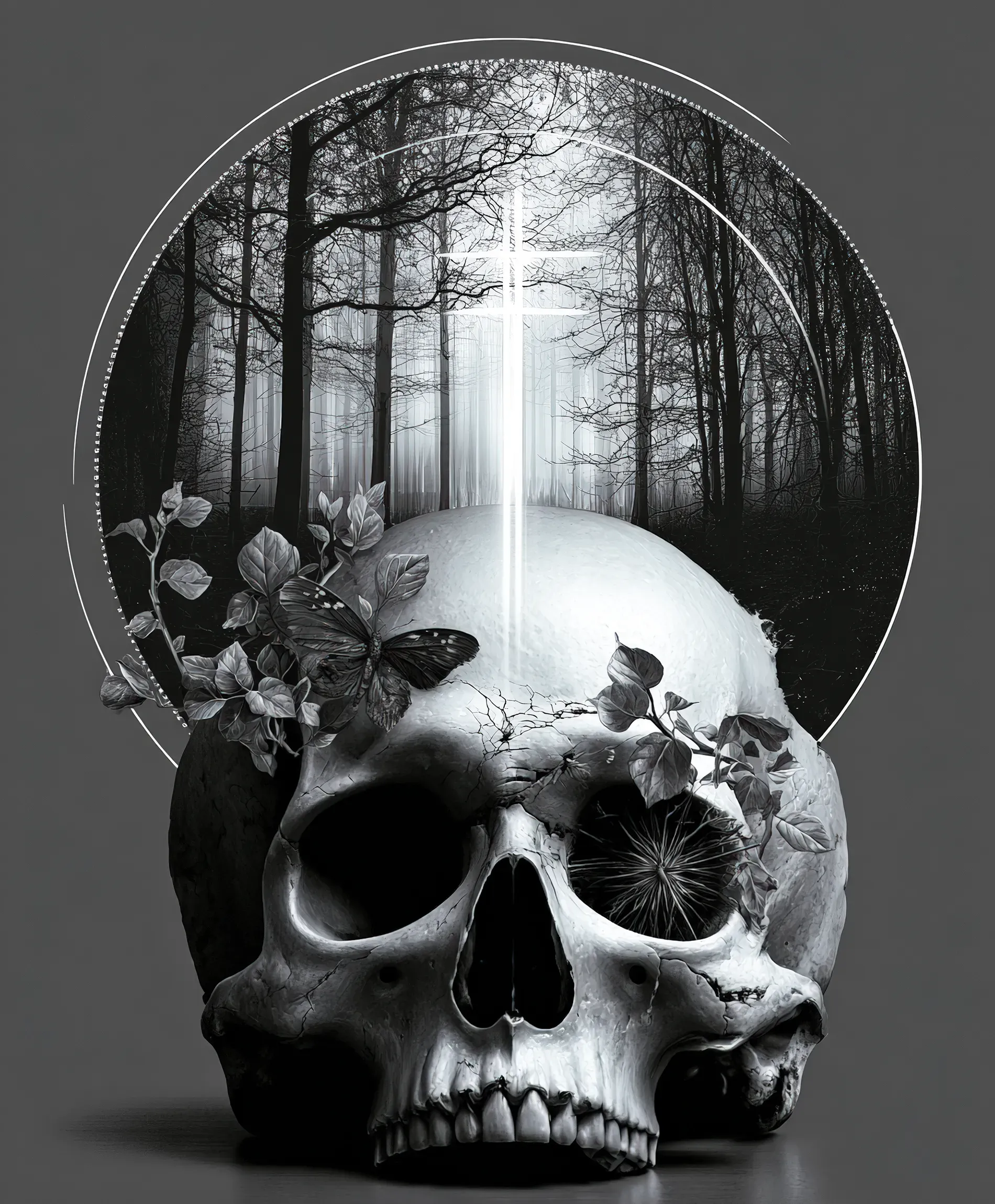 Ein menschlicher Schädel, auf dem Pflanzen und ein Schmetterling wachsen. Ein leuchtendes Kreuz aus Licht scheint von oben herab. Im Hintergrund, umrahmt von einem Kreis, ist eine düstere Waldszene zu sehen.