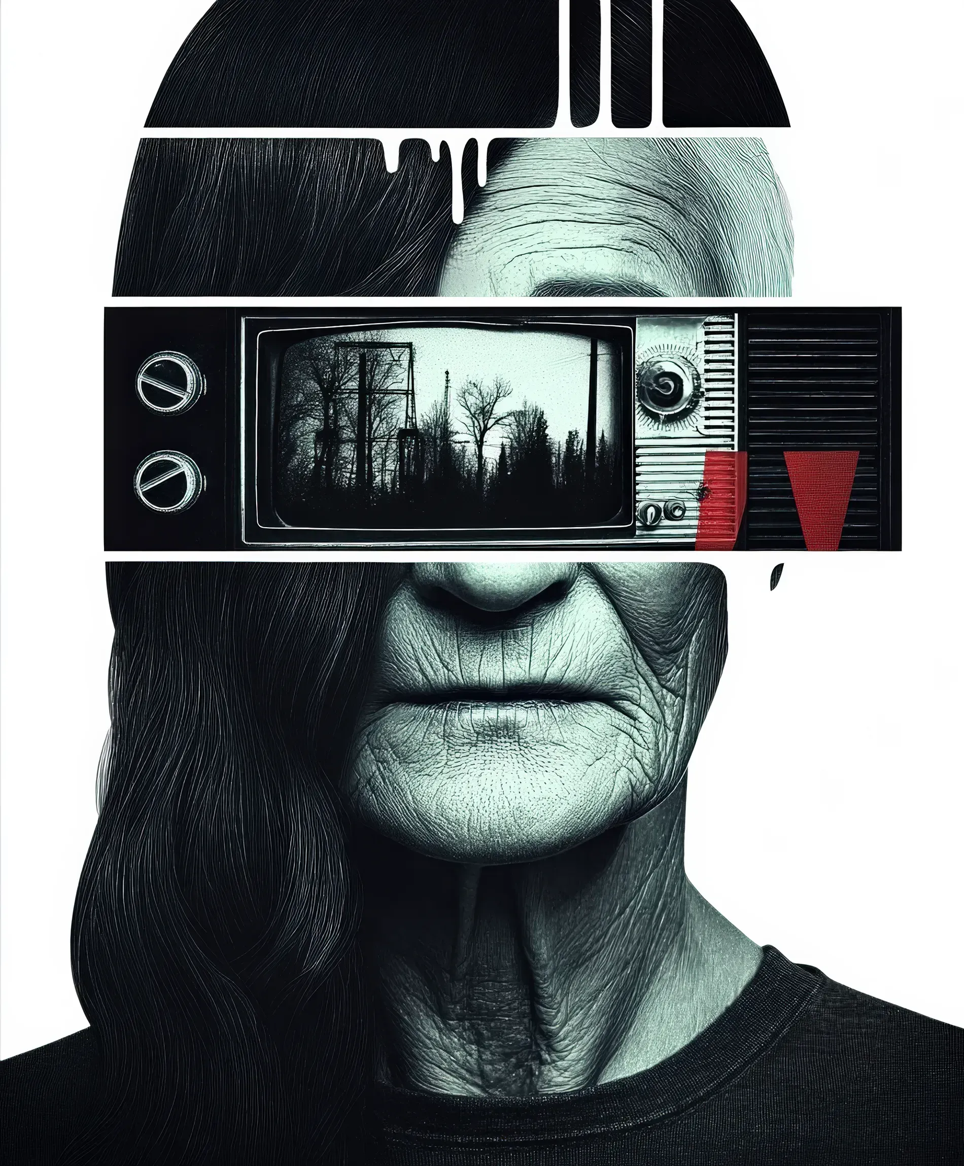 Ein surreales, collageartiges Porträt einer älteren Frau. Ihre Augenpartie ist durch einen alten Fernseher ersetzt, der eine karge Landschaft zeigt. Schwarze und weiße Farbe tropft über ihr Gesicht und Haar.