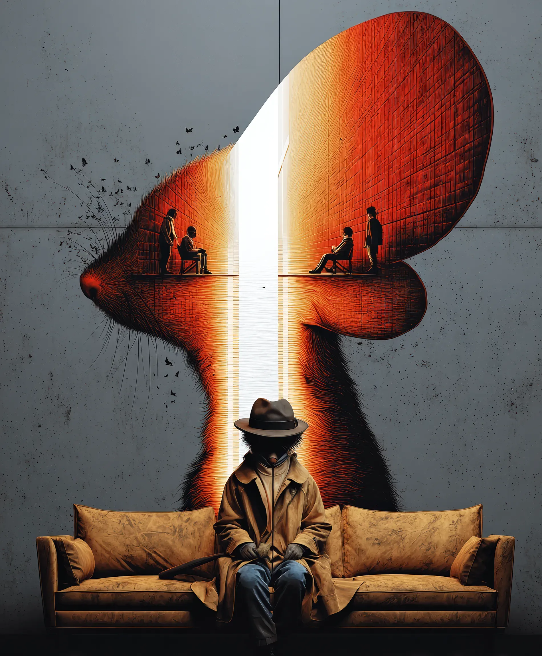 Eine anthropomorphe Mausfigur mit Trenchcoat und Hut sitzt auf einem Sofa. Hinter ihr wirft ihr Schatten die riesige Silhouette eines Mauskopfes an die Wand, in der sich eine leuchtende Szene mit menschlichen Figuren abspielt.