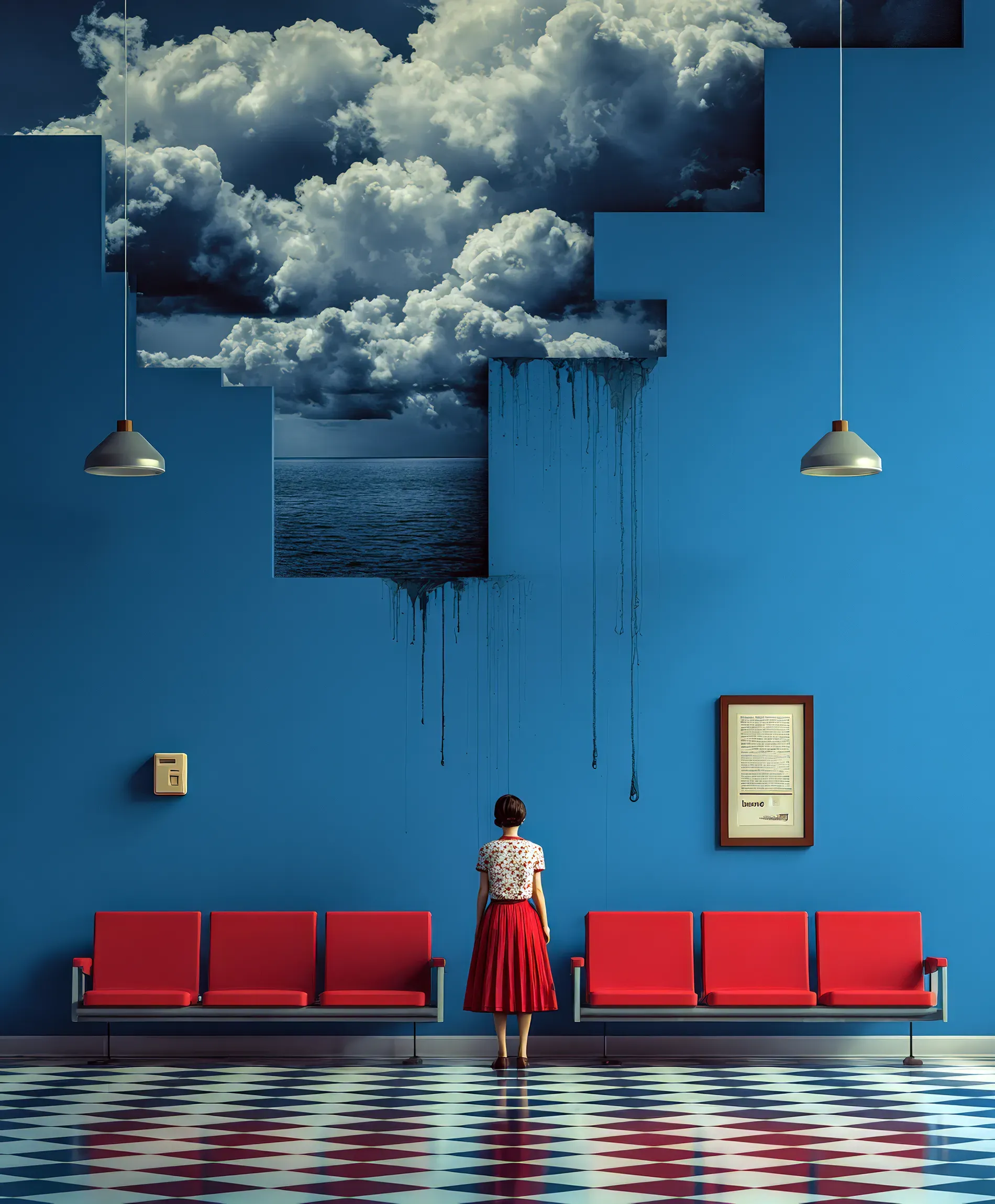 Eine Frau in einem roten Rock steht in einem sterilen, blauen Warteraum mit roten Sitzen. Über ihr bricht die Wand auf und enthüllt einen stürmischen Himmel und das Meer, die dunkel an der Wand heruntertropfen.