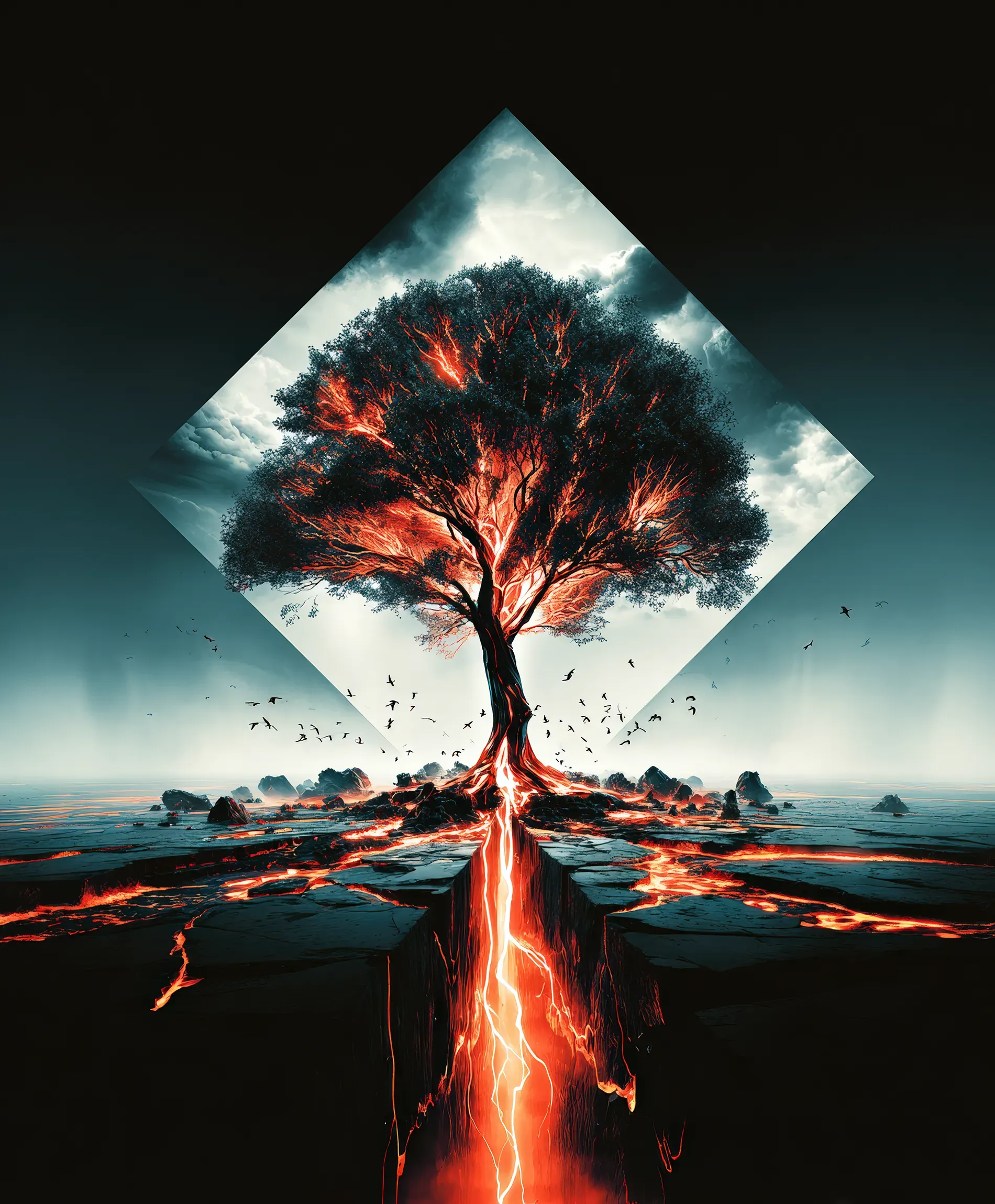 Ein majestätischer Baum mit glühenden, orangeroten Adern steht im Zentrum einer geborstenen, von Lava durchzogenen Landschaft. Ein Riss aus reiner Energie spaltet den Boden unter ihm. Der Baum ist von einem rautenförmigen Fenster umgeben.