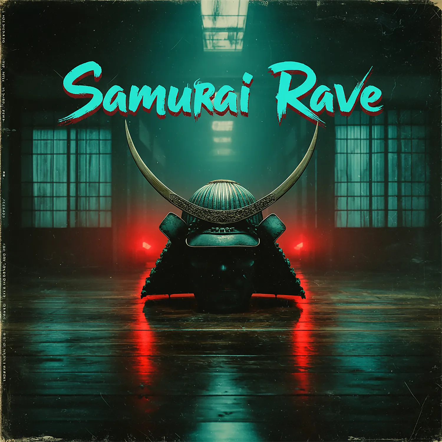 Futuristisches Samurai-Motiv mit Neonlicht und Schriftzug „Samurai Rave“