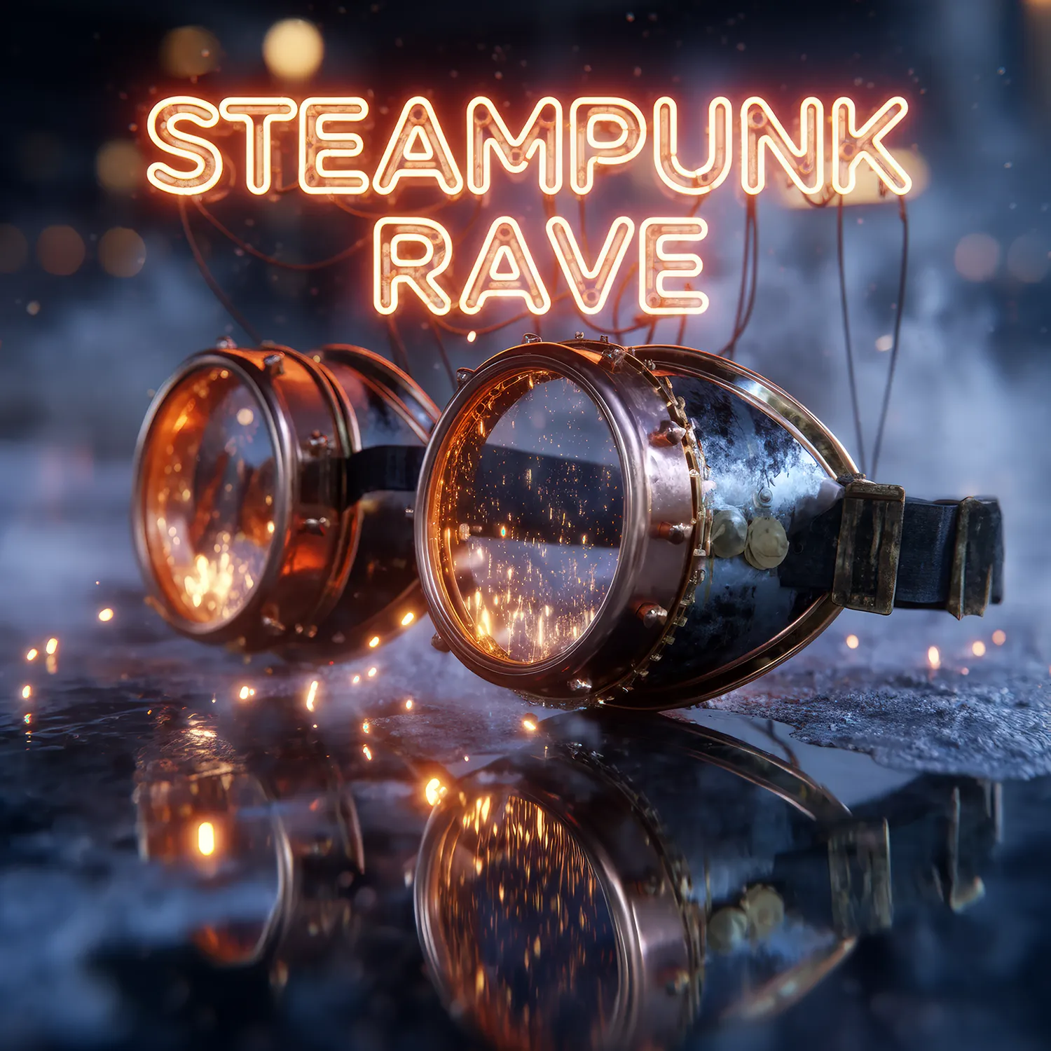 Steampunk-Schutzbrille im Dampf mit leuchtenden Messingreflexen – Cover-Art zum Track „Steampunk Rave“ von Farbwende