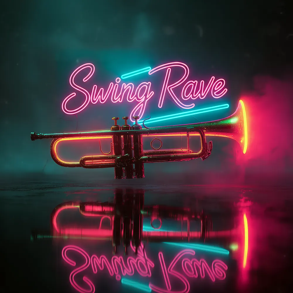 Swing Rave Cover – visuelles Artwork von FarbWende, zeigt eine Trompete mit Neonlichtern in Pink und Blau, Symbol für die Verschmelzung von 1920er Swing und modernem Techno