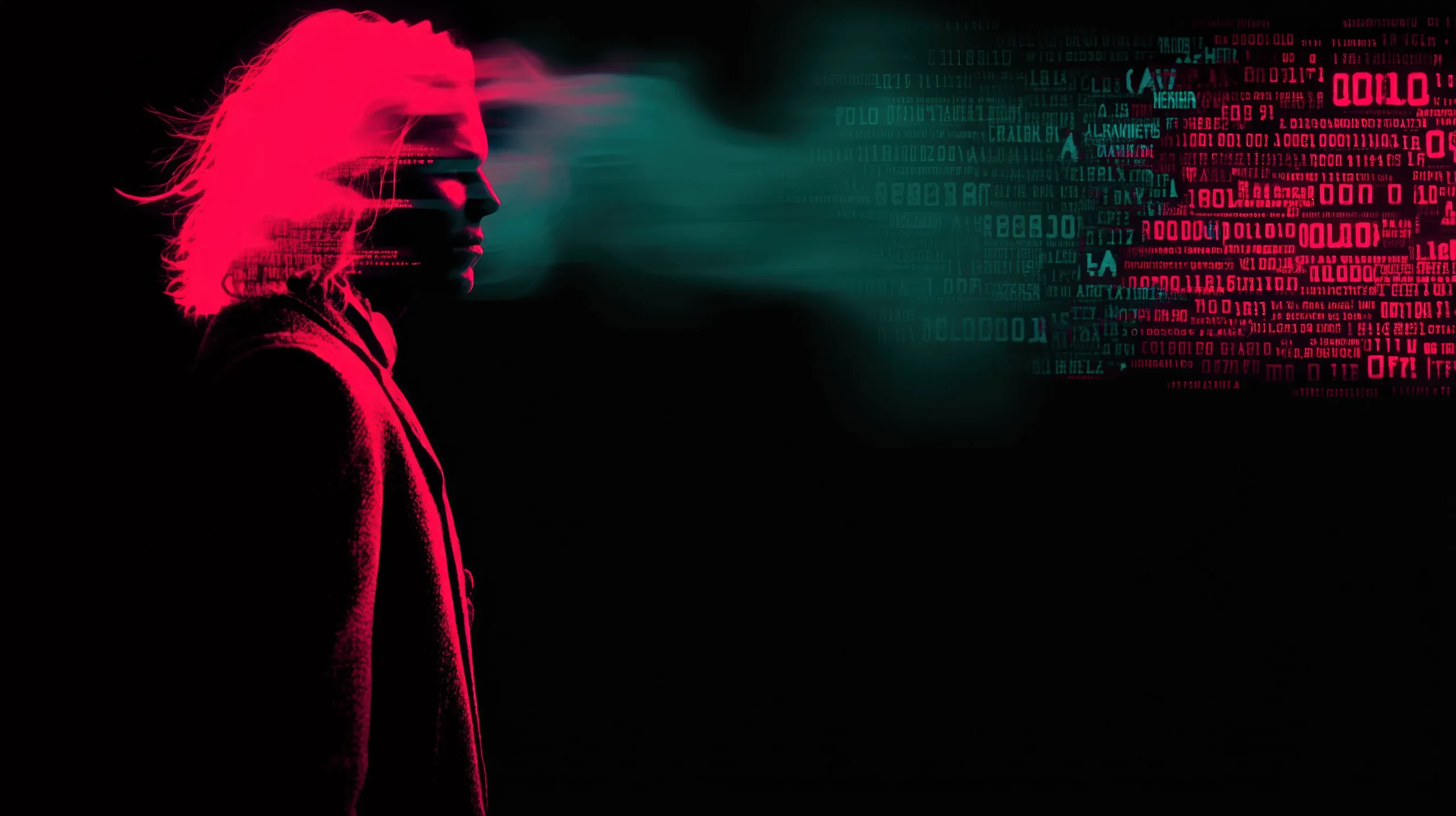 Silhouette eines Musikers, dessen Kopf in digital auflösenden Rauch übergeht, der sich in binäre Codes verwandelt – visuelle Metapher für KI in der Musik.